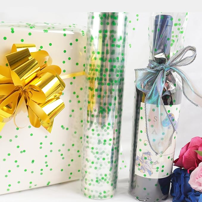 CMFYHM Clear Cellophane Wrap Roll (34" x 100’Ft) Green Polka Dot Cellophane, Transparent Cellophane Roll for Treats, Gifts, Baskets, Flowers, Birthday Party,Easter, Christmas Decorations