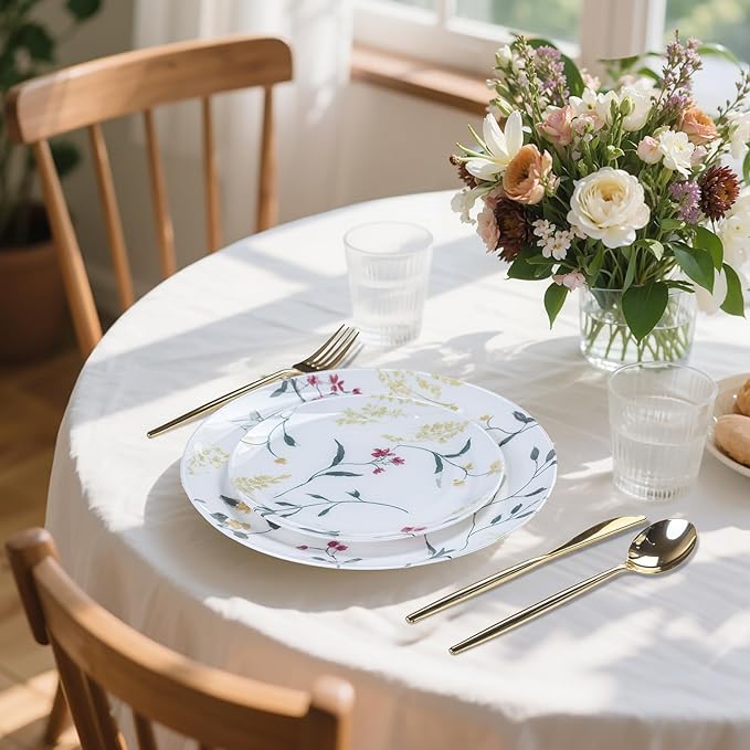 U-QE 50Pcs Wildflower Plastic Plates - Spring Floral Plates Disposable Heavy Duty, Fancy Floral Pattern Perfect for Weddings, Tea Parties, Holidays - 10.25" Dinner Plate & 7.5" Dessert Plate