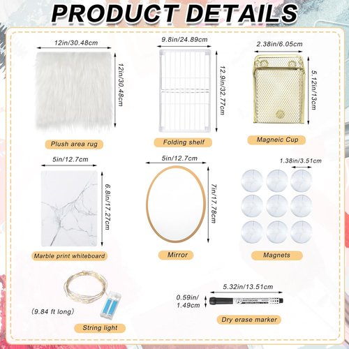 Honoson Locker Organizer Kit - 13 Pcs Marble Print Whiteboard, Plush Rug, Magnetic Cup & More