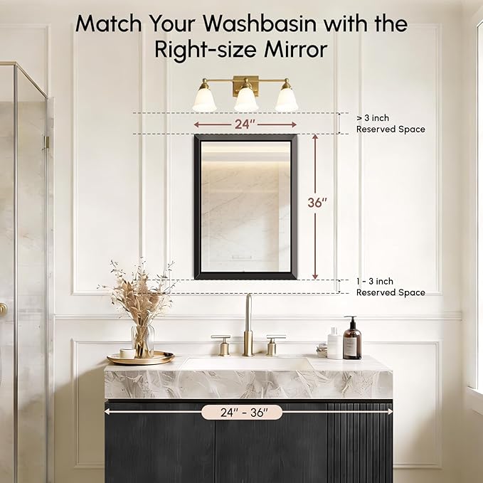 USHOWER 24x36 Inch Floating Bathroom Mirror - Brushed Black Wall Mirror for Over Sink, Anti-Rust, Beveled Aluminum Frame, Modern Rectangular HD Reflection Vanity Mirror(Copper-Free Silver Coating)
