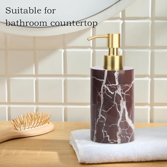 Natural Marble Soap Dispenser for Bathroom and Kitchen Countertop - 5.41 Ounces Hand Lotion and Liquid Stone Shampoo Laundry Bottle with Pump (1, Rosso Lepanto, Cylindrical Bottle)