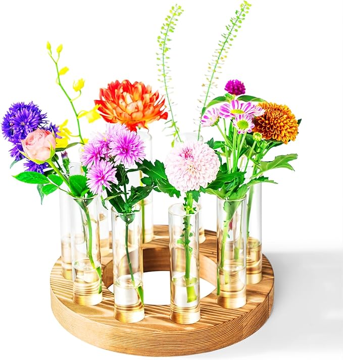Melphoe Glass Bud Vases Small Flower Vase for Centerpieces Wedding Table Decorations, Home Decor, Propagation Station Plant Terrarium with Wooden Stand, Unique Plant Lover Gifts for Women (Brown)