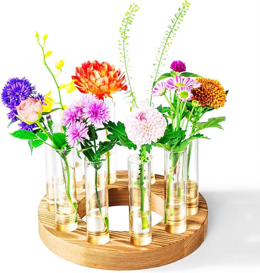 Melphoe Glass Bud Vases Small Flower Vase for Centerpieces Wedding Table Decorations, Home Decor, Propagation Station Plant Terrarium with Wooden Stand, Unique Plant Lover Gifts for Women (Brown)