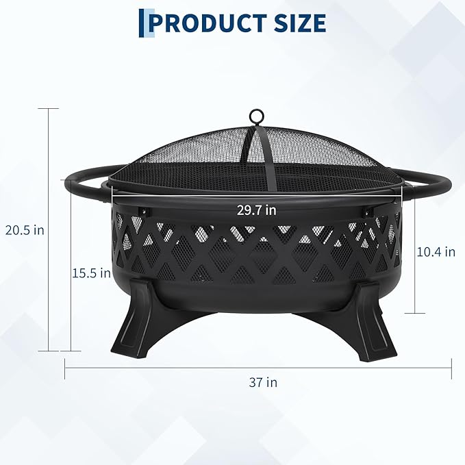 Outdoor Fire Pit 36 Inch Large Wood Burning with Lid Poker, Heavy Duty Round BBQ Firepit & Cold Rolled Steel for Outside, Patio, Picnic, Party