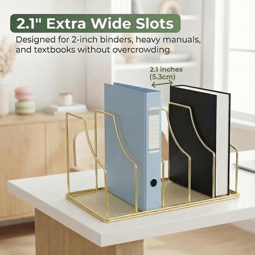 Simmer Stone Gold Binder Organizer - 5 Slot Vertical File Sorter with Mesh Bottom | Large Desktop Holder for Binders & Books