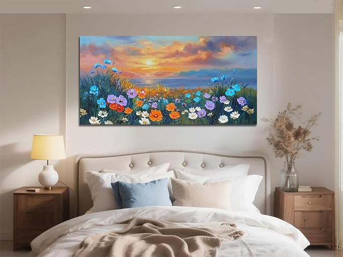 Ardemy Landscape Wall Art for Living Room Extra Large Wildflower Pictures Wall Decor Coastal Sunset Floral Canvas Textured Bedroom Flower Paintings Artwork Home Office, 48"x24"