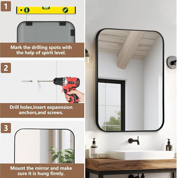 Matte Black Mirror, 30"x36" Rectangle Bathroom Mirror, Metal Frame Rectangle Corner Vanity Mirror, Wall Mounted Mirror for Modern, Living Room, Bedroom, Horizontal Or Vertical