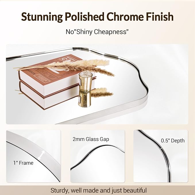 ANDY STAR Scalloped Arched Mirror, 30x40 Polished Chrome Irregular Bathroom Mirror for Vanity, Asymmetrical Curved Top with Rustproof Stainless Steel Frame, for Entryway, Bedroom, Mantel, Fireplace