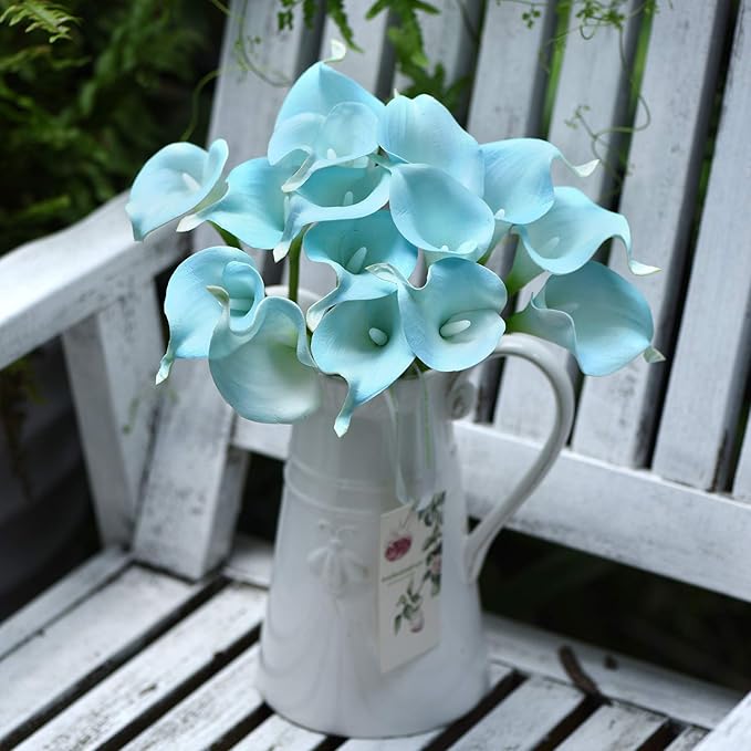 FiveSeasonStuff Real Touch Calla Lily Artificial Flowers Wedding Bridal Bouquet | Floral Arrangements | 15 Calla Lilies (Lake Blue)