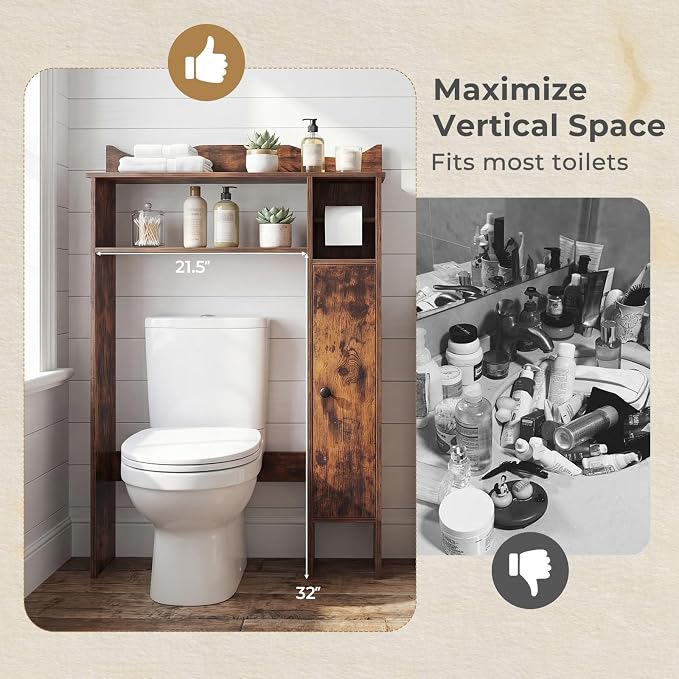 Tangkula Over the Toilet Storage Cabinet, Bathroom Organizer with Toilet Paper Holder, Adjustable Shelves, Freestanding Behind Toilet Stand, Perfect for Bathroom, Laundry (Modern, Rustic Brown)