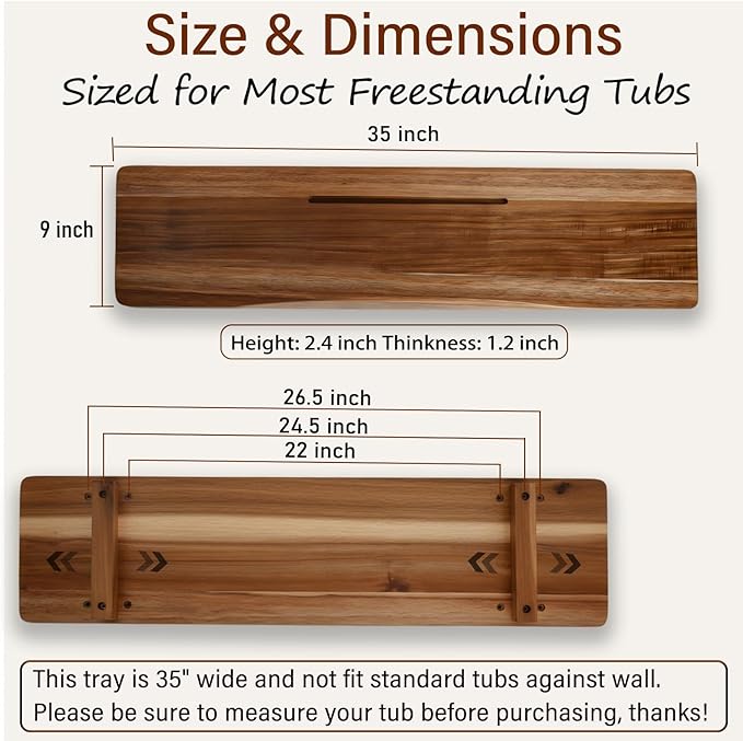 Acacia 1.2" T Wood Bathtub Tray Caddy for Freestanding Tub, 35" L Adjustable Bath Tray for Tub, Luxury Spa Bathroom Tray Organizer Table, Bath Tub Accessories for Women, Housewarming, Birthday Gifts