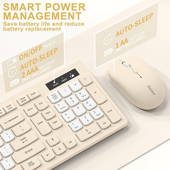Silent Wireless Keyboard and Mouse Combo, Full-Sized Wireless Keyboard and Adjustable DPI Mouse, 2.4GHz USB Receiver, Keyboard and Mouse for PC, Windows, MAC, Desktop, Laptop(Latte-Color B)