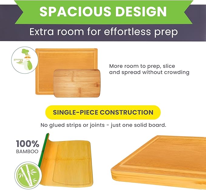 Extra Large Bamboo Cutting Board Set of 2 – Wood Cutting Boards for Kitchen with Glue-Free Surface™ & Juice Groove – Non-Toxic Wooden Chopping Boards, FSC-Certified, Durable Carving Boards - Rectangle