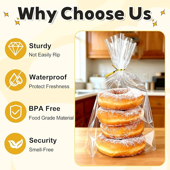 PigPotParty Cellophane Bags 8"x11", 50 Pack Clear Gift Bags, 3.15" Bottom Gusset for Stand-Up Display, Plastic Cellophane Gift Wrap, Ideal for Goodies, Treats, Party Favors, Mugs, Includes 50 Ties