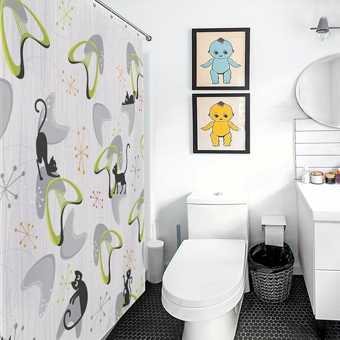 Mid Century Shower Curtain for Bathroom, Retro Geometric Modern Black Cat Abstract Atomic Pattern Lovely Kittey Rustic 1950s 1960s Grey Waterproof Fabric Shower Curtain Set with Hooks72"x84" Inch