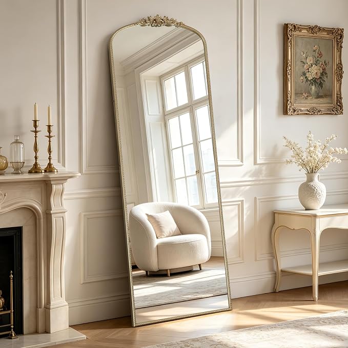 WallBeyond Gold Vintage Full Length Mirror with Stand for Vanity 24x70 Inch, Gold Antique Mirror with Ornate Frame, Arched Vintage for Bathroom, Living Room, Bedroom, Entryway