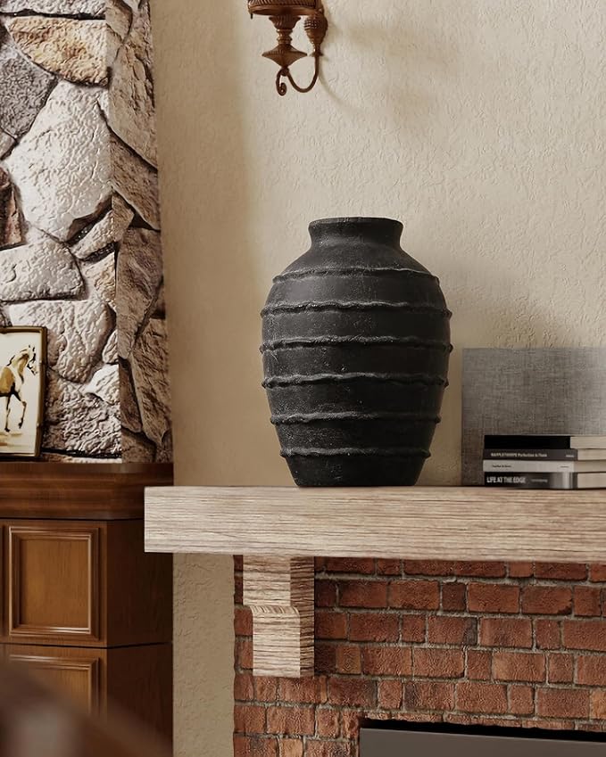 Kokrose Black Terracotta Vase, Black Vases Home Decor for Centerpieces, Large Vintage Rustic Flower Vase for Home Decor, Pottery Ceramic Vases, Table Top Fireplace Mantel Decor