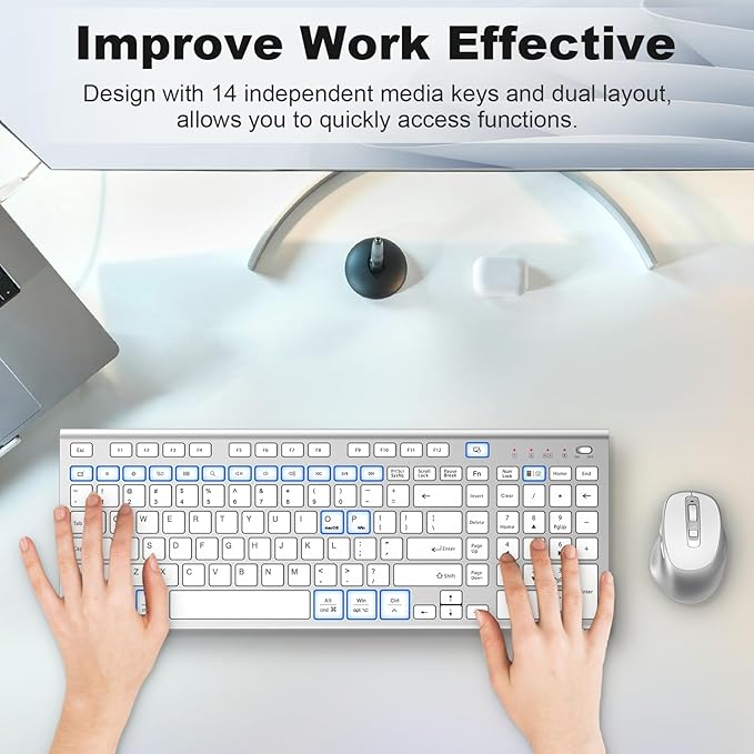 FENIFOX Wireless Keyboard and Mouse, Rechargeable USB C Combo Silent Quiet Compact Full Size Flat with Number Pad Soft Cover for Mac MacBook iMac Windows PC Laptop Computer Office - White & Silver