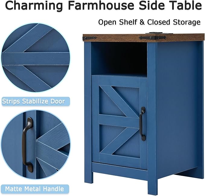 Farmhouse Living Room Table Set of 3, 2 Rustic End Table with Charging Station and 1 Sofa Table with Large Hidden Storage, Farmhouse Sofa Table Set for Living Room, Office, Blue