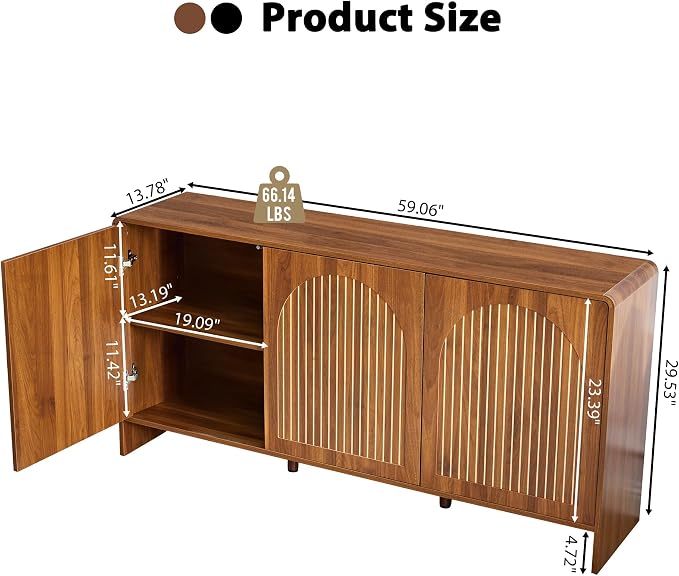 59" Sideboard Buffet Cabinet with Storage, Wood Arched Storage Cabinet with 3 Doors and Adjustable Shelf, Large Curved TV Console Accent Cabinet for Living Room Hallway Kitchen Dining Room, Walnut