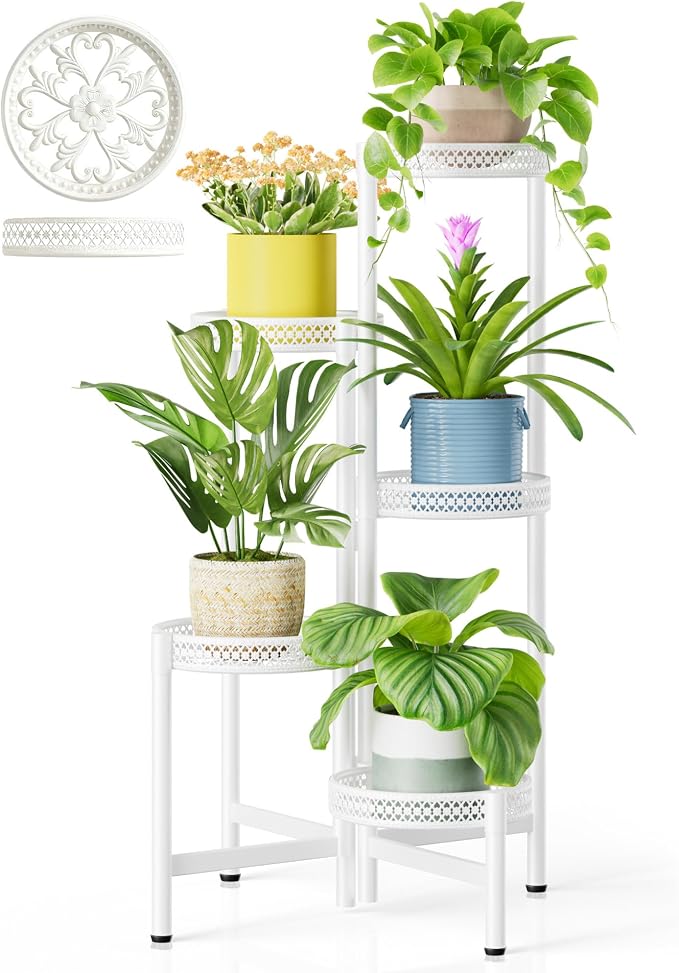 Metal Plant Stand Indoor Outdoor, 5 Tier Tall Flower Pot Holder Potted Display Rack Shelf, Heavy Duty Corner Plant Shelf for Patio Garden Balcony Living Room Bedroom - WhiteWave