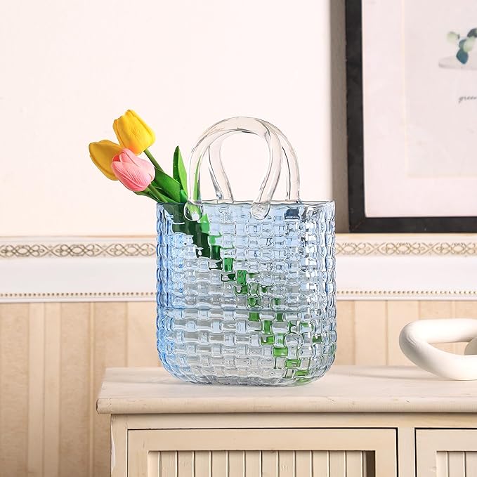 Glass Purse Vase for Flowers, Large Purse Flower Vase, Black Glass Bag Vases, 10 Inch Handbag Shaped Vases for Home, Living Room, Bedroom, Office Decor