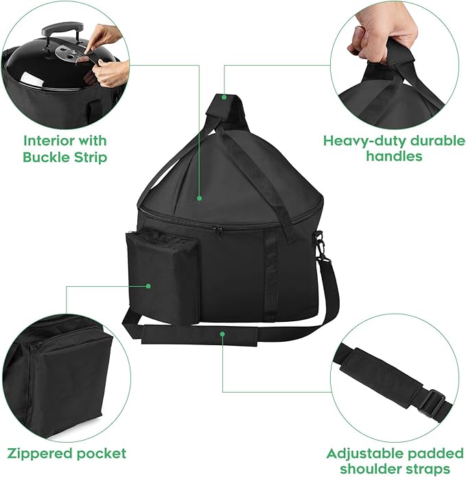 EZ-DONGTENG Portable Grill Carry Bag Compatible with Weber Smokey Joe 14-inch Charcoal Grill and Smokey Joe Premium 14-inch Charcoal Grill, with Pocket, Handle and Shoulder Strap, Black