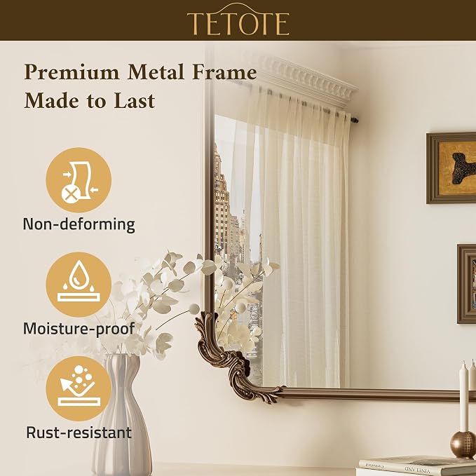 TETOTE Baroque Gold Antique Brass Scroll Wall Mirror 40 x 30 Vintage Rectangle Framed Baroque French Rectangular Mirror for Mantle Fireplace Bathroom Living Room, Horizontal/Vertical