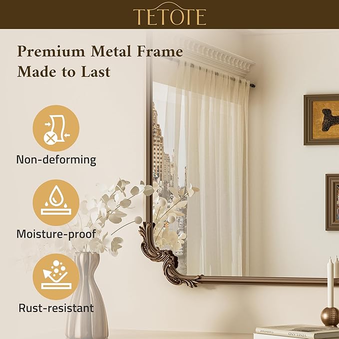 TETOTE Antique Gold Brass Rectangle Mirror for Mantle Fireplace 30 x 36 Baroque Vintage Ornate Scroll Wall Mirror with Metal Frame for Traditional Victorian French Decor, Horizontal/Vertical