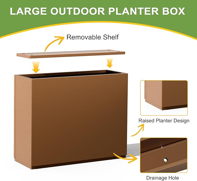 Metal Planter Box Rectangular Planter Box with Drainage Hole, Outdoor Large Planters, All-Weather Use, Rust-Resistance, for Flowers Plants, 29.9" L × 12" W × 24" H, Brown