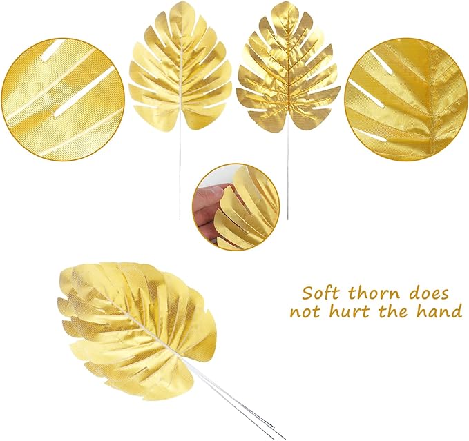 CCINEE 24PCS Golden Artificial Palm Leaves, Faux Monstera Leaves Simulation Safari Leaves with Stems for Home Hawaiian Luau Party Jungle Beach Theme Party Decoration