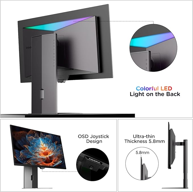 KOORUI 27 inch QD-OLED Gaming Monitor, 240Hz Monitor, 0.03ms, QHD 1440p AdaptiveSync, 99% DCI-P3, HDR True Black 400, Height/Pivot/Tilt/Swivel Adjustability, HDMI & DisplayPort VESA, Black, S2721XO