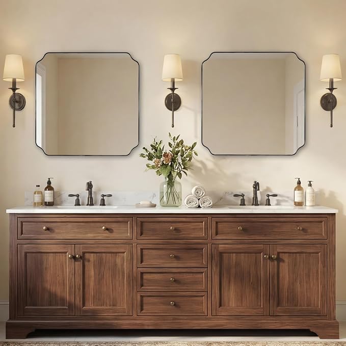 ANDY STAR 24x24 Inch Square Mirror, Matte Black Vanity Mirror, Modern Scalloped Bathroom Mirror in Premium Stainless Steel Thin Frame, Unique Rounded Notched Corners