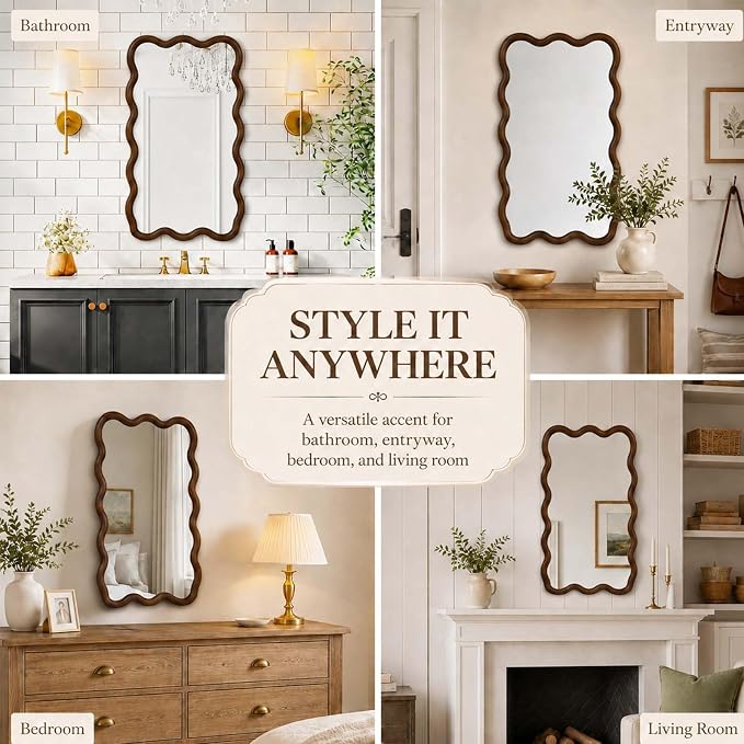 20x30 Inch Asymmetrical Wall Mirror Wood,Rustic Irregular Shaped Vanity Mirror for Bathroom,Bedroom, Living Room, Entryway, Fireplace,Wall Decor,Solid Wooden Frame (Black + Dark Walnut, 20"x30" Inch)