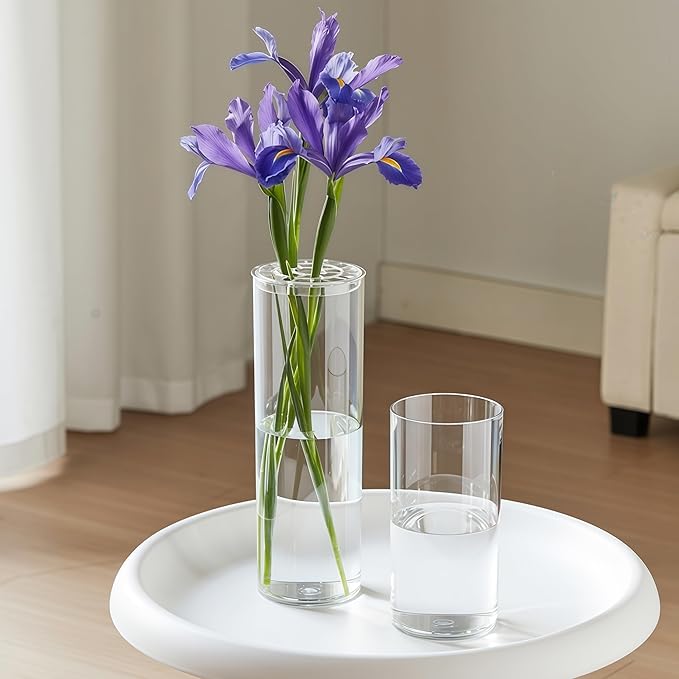 3 Acrylic Cylinder Clear Vase for Centerpieces, Tall Large Unbreakable Plastic Flower Vases for Home Decor (D 4.8" X H 7.8" - H 12" + 2 Holder)