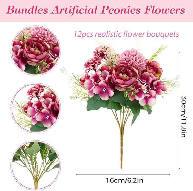 Olgaa 12 Bundles Peonies Artificial Flowers Silk Flowers Fake Peony Bouquet Faux Peonies Flowers Bulk for Wedding Decor Centerpiece Table Decorations (Purple Red)