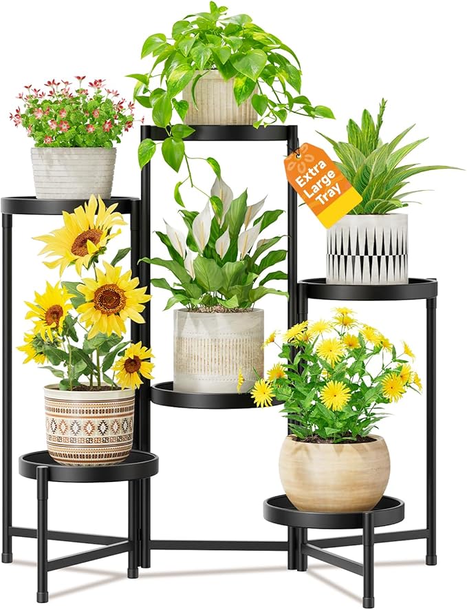 LASZOLA 6 Tier Large Plant Stand Indoor Tall with 10 Inch Metal Tray, Corner Folding Flower Display Rack, Modern Plant Holder Shelf for Outdoor Patio Porch Garden Office Living Room, Black