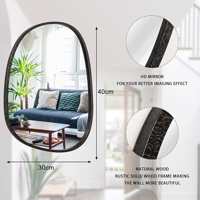 Asymmetrical Hanging Wood Mirror Irregular Oval Frame Mirror for Wall Modern Unique Decorative Mirror for Bathroom Vanity Living Room Bedroom Entryway Artistic Wall Mirror