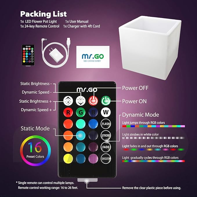 Mr.Go 16-inch LED Flower Pot Light w/Remote, 16 Color Changing Colorful Glowing Cube Flowerpot, Rechargeable Lighted Planter & Ice Bucket for Home Decor, Garden, Party, Wedding, Gifts