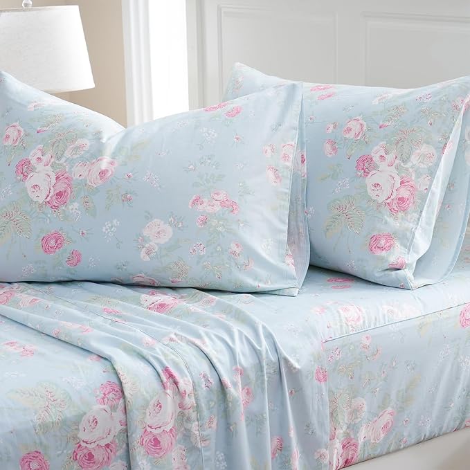 Zusbest Blue Floral Sheets Set King Size 100% Cotton Pink Flowers Bed Sheet Shabby Vintage Chic Bedding Romantic Pastoral Style Original Design Soft Luxury Deep Pocket Fitted Sheet 17.5'', 4 Pcs