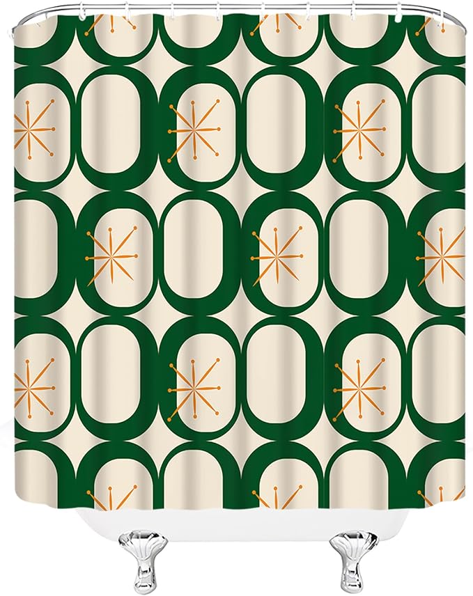 Mid Century Shower Curtain Modern Abstract Atomic Starbursts Squares Retro 50s Geometric Bathroom Decor Polyester Curtains with Hooks