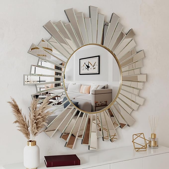 CozyDH Large Round Gold Sunburst Mirror - 26"x26" Starburst Mirror for Wall Decorative Glass Frame Boho Sun Mirrors Wall Art for Entryway Bedroom Living Room Hallway Bathroom Dining Room