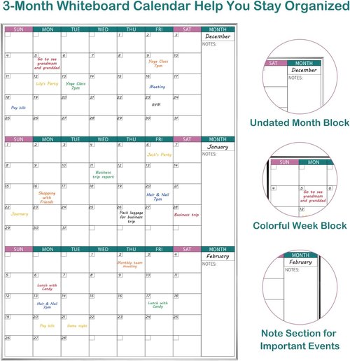 ARCOBIS Magnetic Dry Erase Calendar - 39"x28" Wall Board with Silver Aluminum Frame for Home & Office
