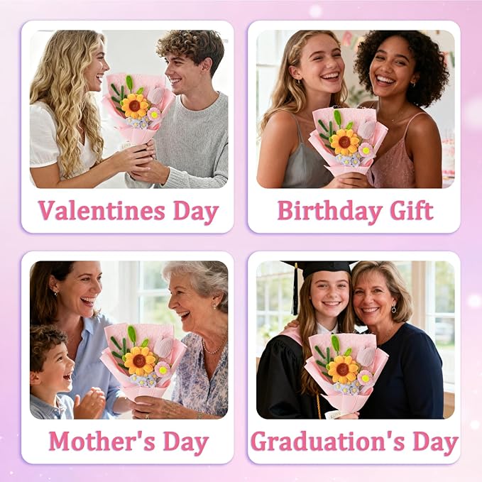 Hand-Woven Flower Bouquet Finished（1pcs） for Mother Girlfriend Birthday Gift Wedding Decoration Crochet Artificial Flower, Bouquet Gift (Sunflower Pink)