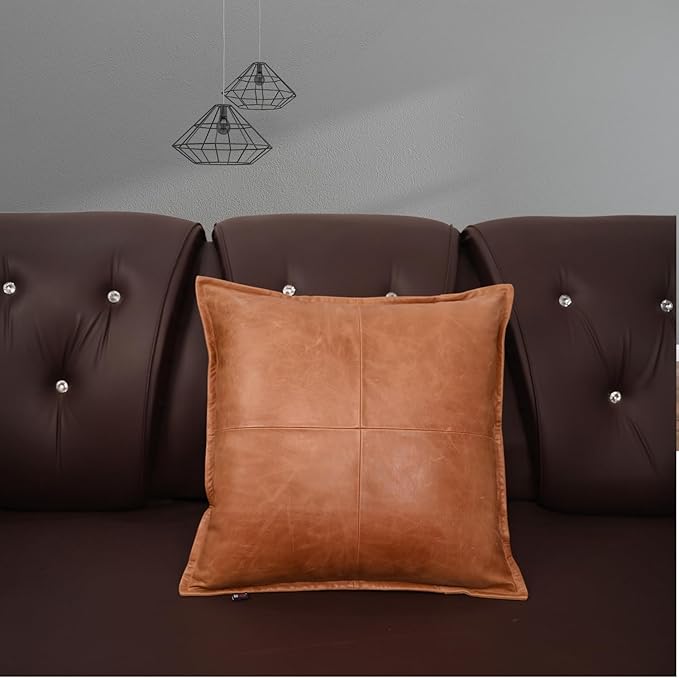 D DOLLY LAMB Lambskin Leather Pillow Cover - Sofa Cushion Case - Decorative Throw Covers for Living Room & Bedroom, 18x18 Inches - Antique Brown Box Pack of 1