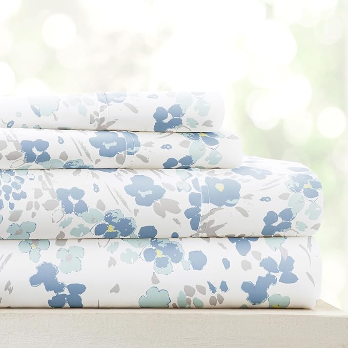 Linen Market Double-Brushed Patterned Microfiber California King Sheet Set 4 Piece – Oeko-TEX Certified Ultra Soft & Wrinkle-Free - 16" Deep Pocket Sheets Easy Care Cal-King Size - Violets Light Blue