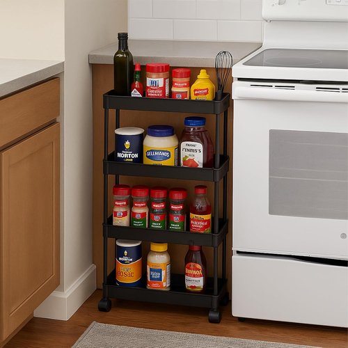 ShellKingdom 4-Tier Slim Rolling Bathroom Storage Organizer - Mobile Shelving Unit with Lockable Wheels (Black)