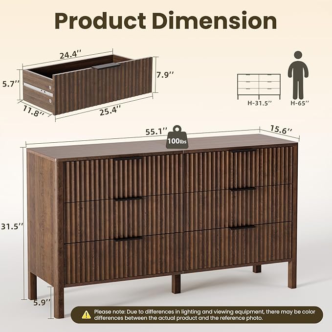 55" Wide Fluted 6 Drawer Dresser for Bedroom, Wooden Dresser Modern Chest of Drawers TV Stand Dressers with Organizer Storage for Bedroom, Living Room, Entryway, Hallway, Walnut