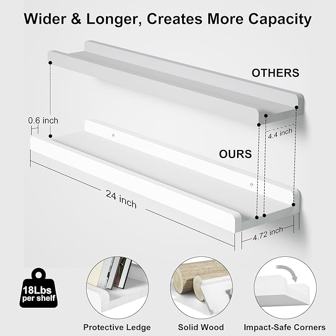 Love-KANKEI Floating Shelves Wall Mounted Set of 2, 24 Inch Wood Storage Wall Shelves for Bedroom Living Room Bathroom Kitchen Office and More White