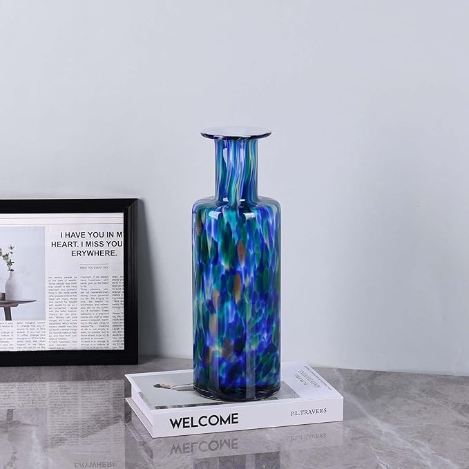 Hand Blown Glass Vase Teal Mosaic – Blue Green Art Glass Vase with Wide Mouth, Murano Style Bubble Vase, Unique Coastal Glass Decor for Dining Table, Living Room, Entryway or Beach Home Accent (Green)